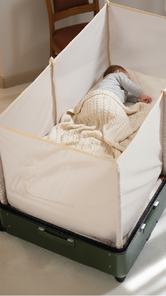 Baby schlafend im ausgeklappten CaseNapzZz; Koffer mit Kinderreisebett